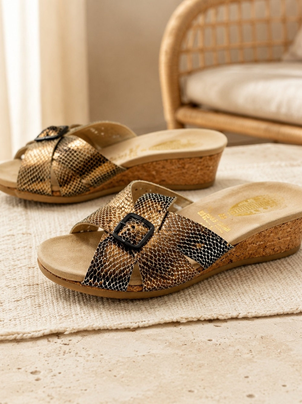 Vintage Berkemann Wolfshofer Footwear Snakeskin Print Leather Cork Wedge Slides